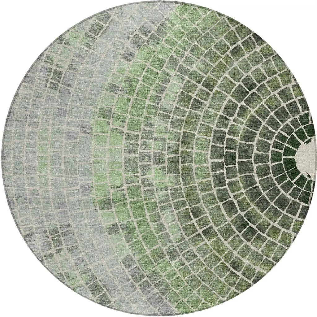 8' Green And Olive Green Round Geometric Washable Indoor Outdoor Area Rug Homeroots Outdoor