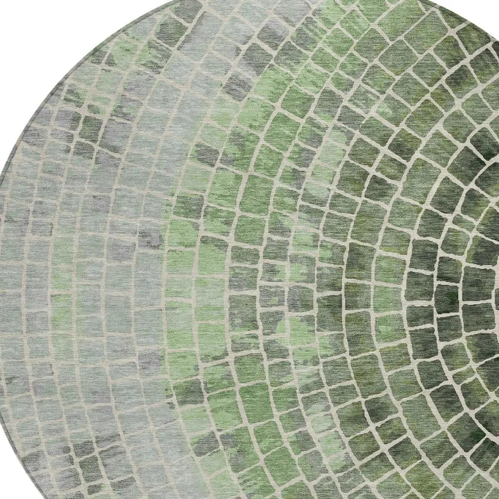 8' Green And Olive Green Round Geometric Washable Indoor Outdoor Area Rug Homeroots Outdoor