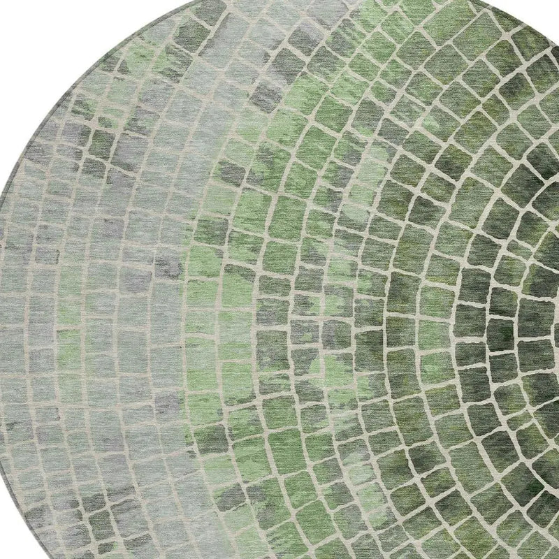 8' Green And Olive Green Round Geometric Washable Indoor Outdoor Area Rug Homeroots Outdoor