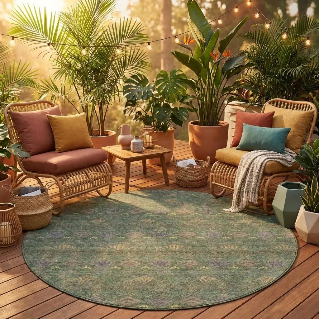 8' Green And Olive Green Round Geometric Washable Indoor Outdoor Area Rug Homeroots Outdoor