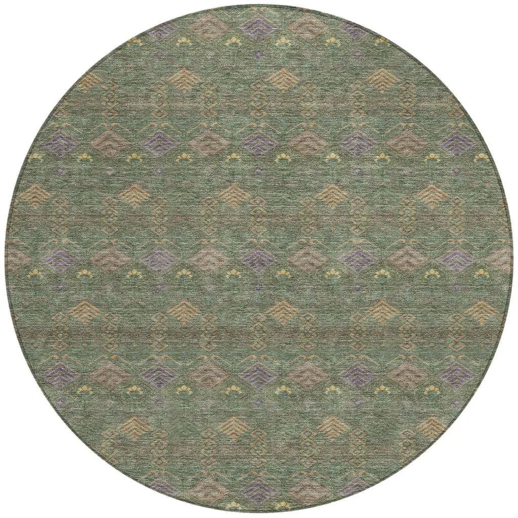 8' Green And Olive Green Round Geometric Washable Indoor Outdoor Area Rug Homeroots Outdoor