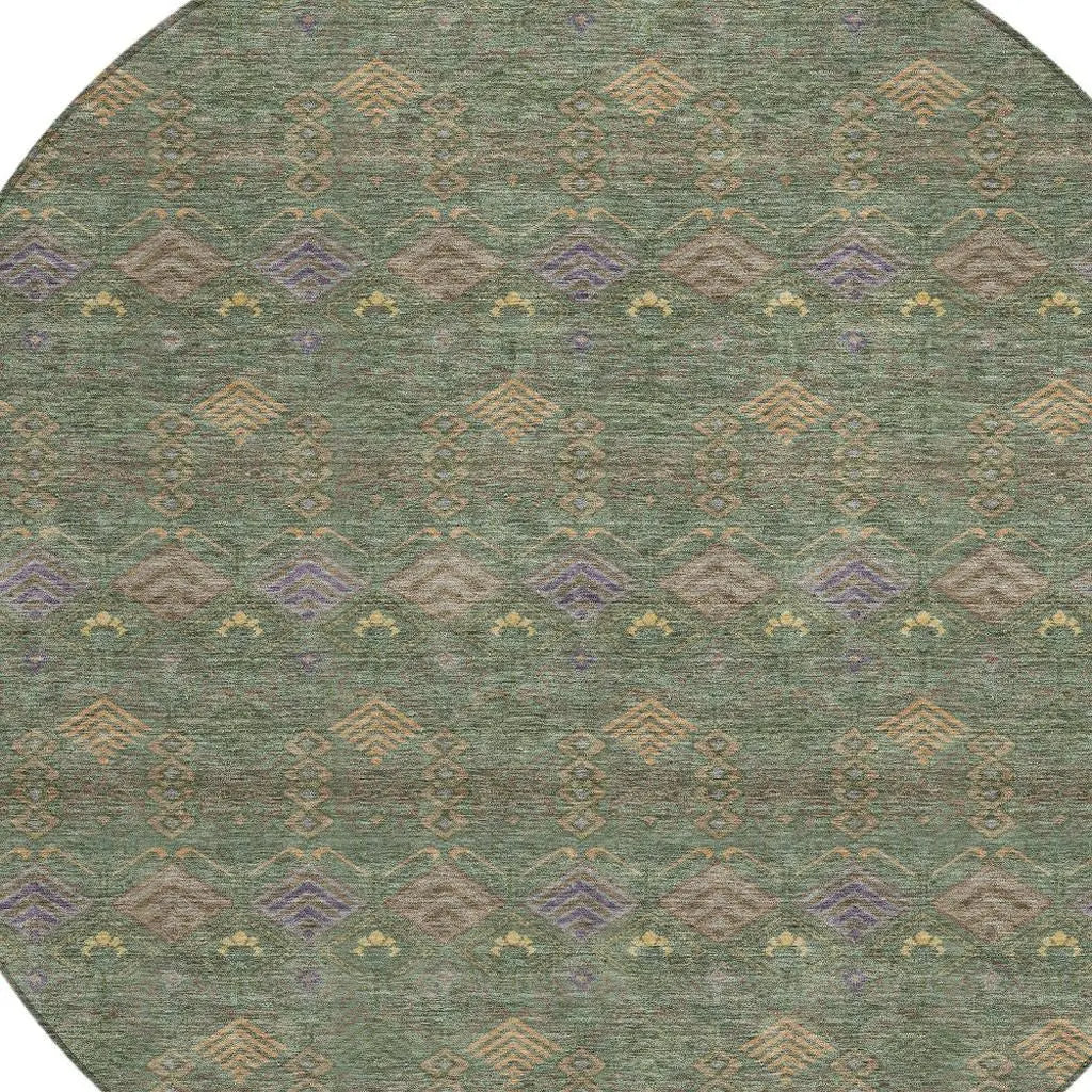 8' Green And Olive Green Round Geometric Washable Indoor Outdoor Area Rug Homeroots Outdoor
