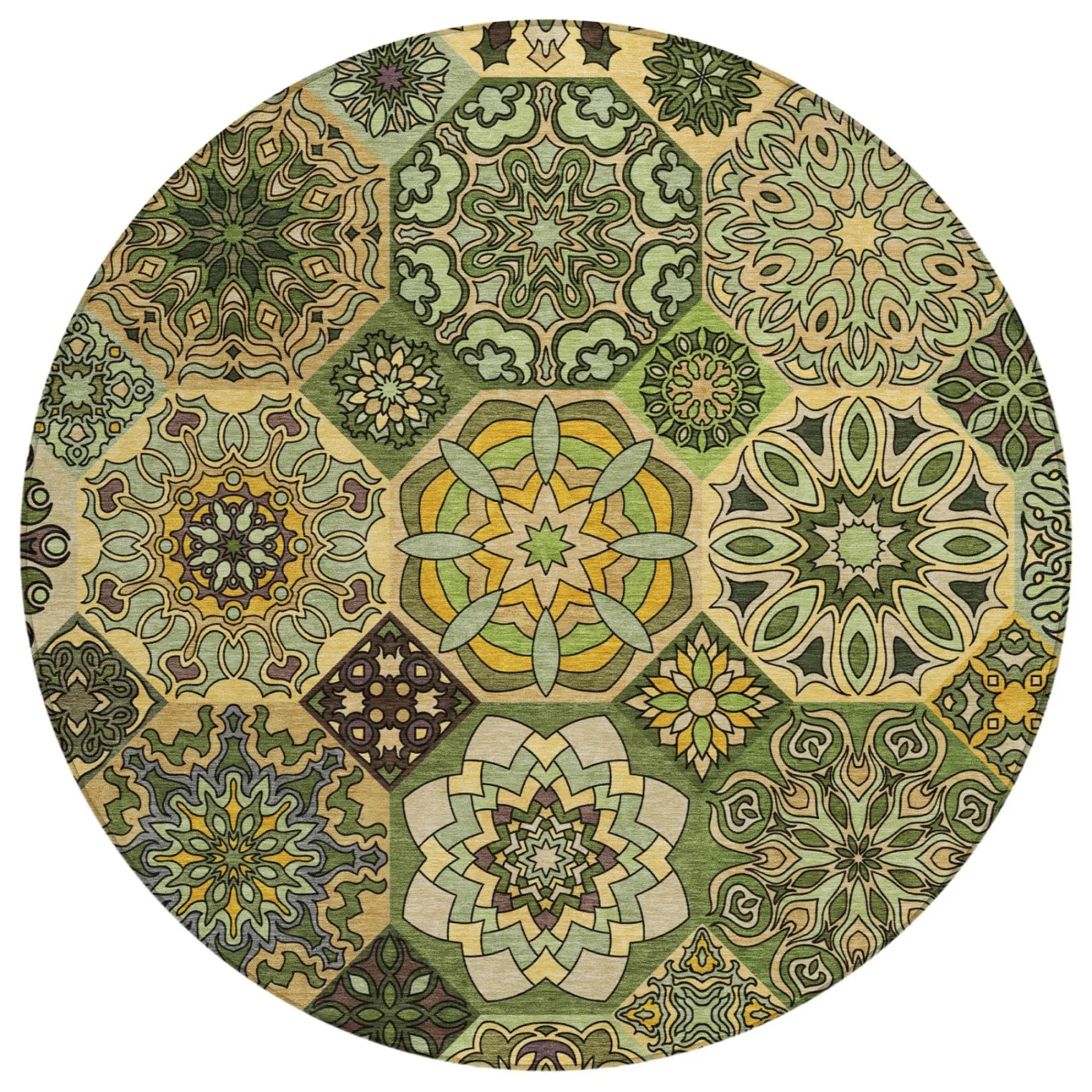 8' Green And Olive Green Round Patchwork Washable Indoor Outdoor Area Rug Homeroots Outdoor