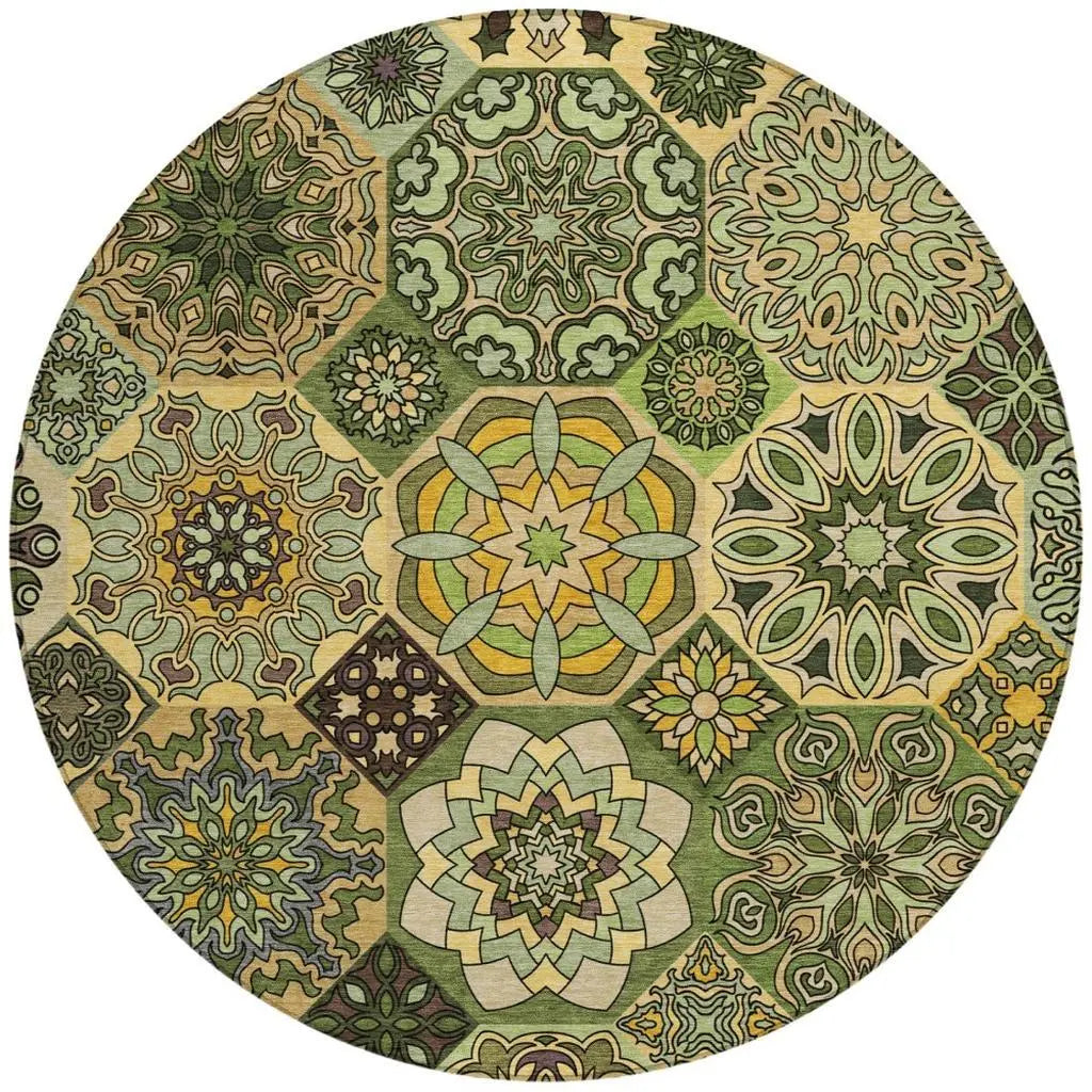 8' Green And Olive Green Round Patchwork Washable Indoor Outdoor Area Rug Homeroots Outdoor