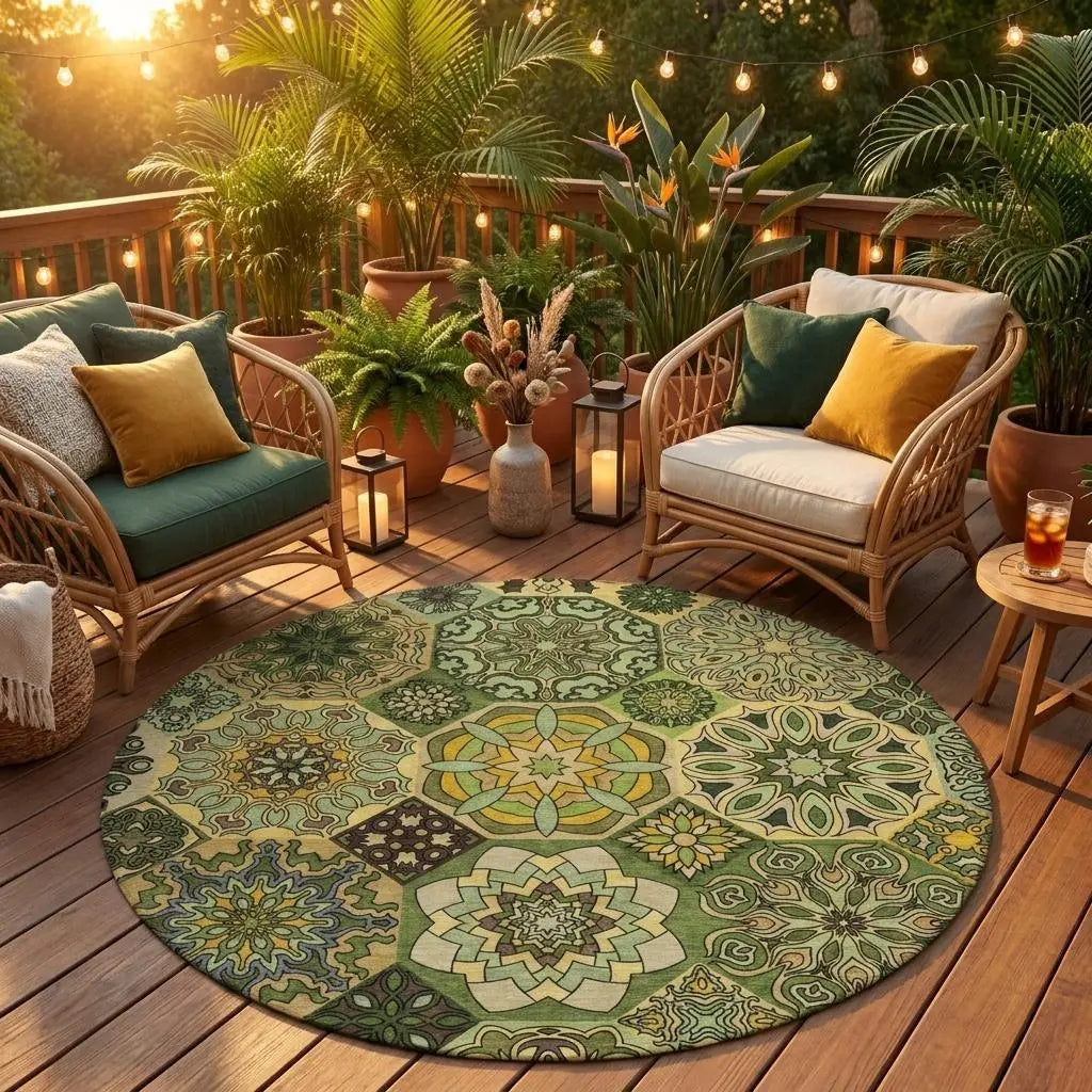 8' Green And Olive Green Round Patchwork Washable Indoor Outdoor Area Rug Homeroots Outdoor