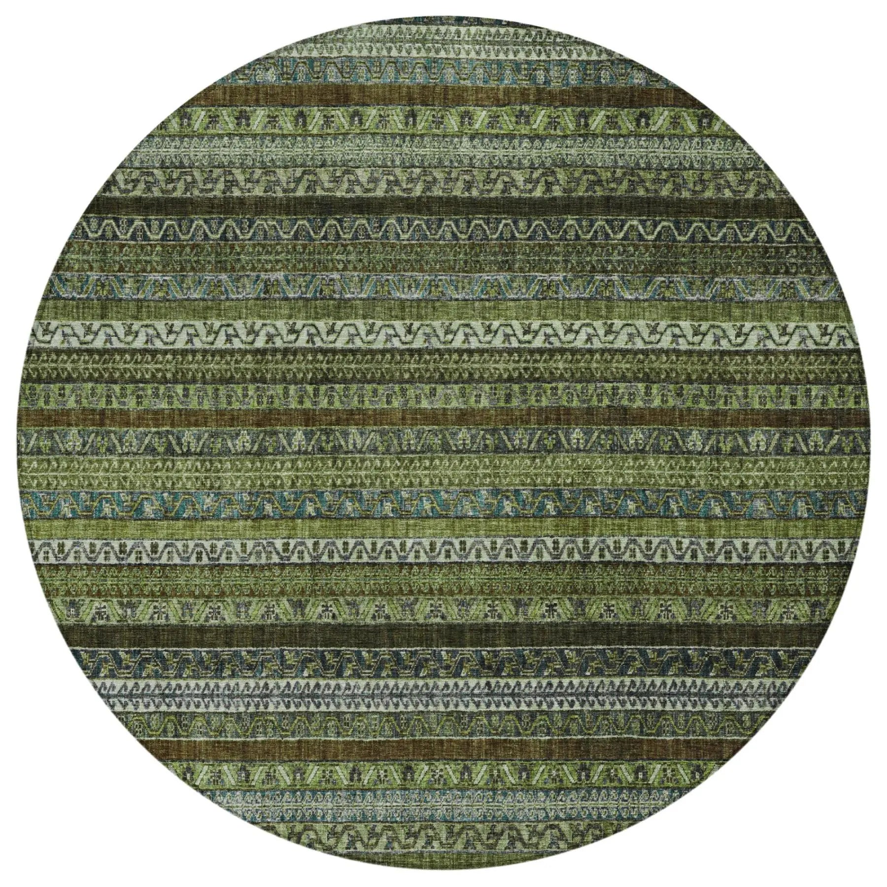 8' Green And Olive Green Round Striped Washable Indoor Outdoor Area Rug Homeroots Outdoor
