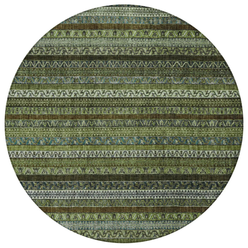 8' Green And Olive Green Round Striped Washable Indoor Outdoor Area Rug Homeroots Outdoor