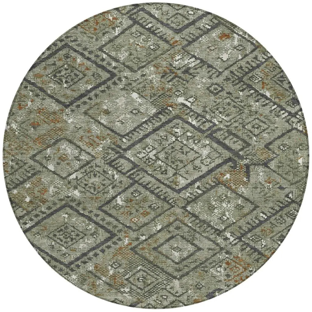 8' Green And Orange Round Geometric Washable Indoor Outdoor Area Rug Homeroots Outdoor