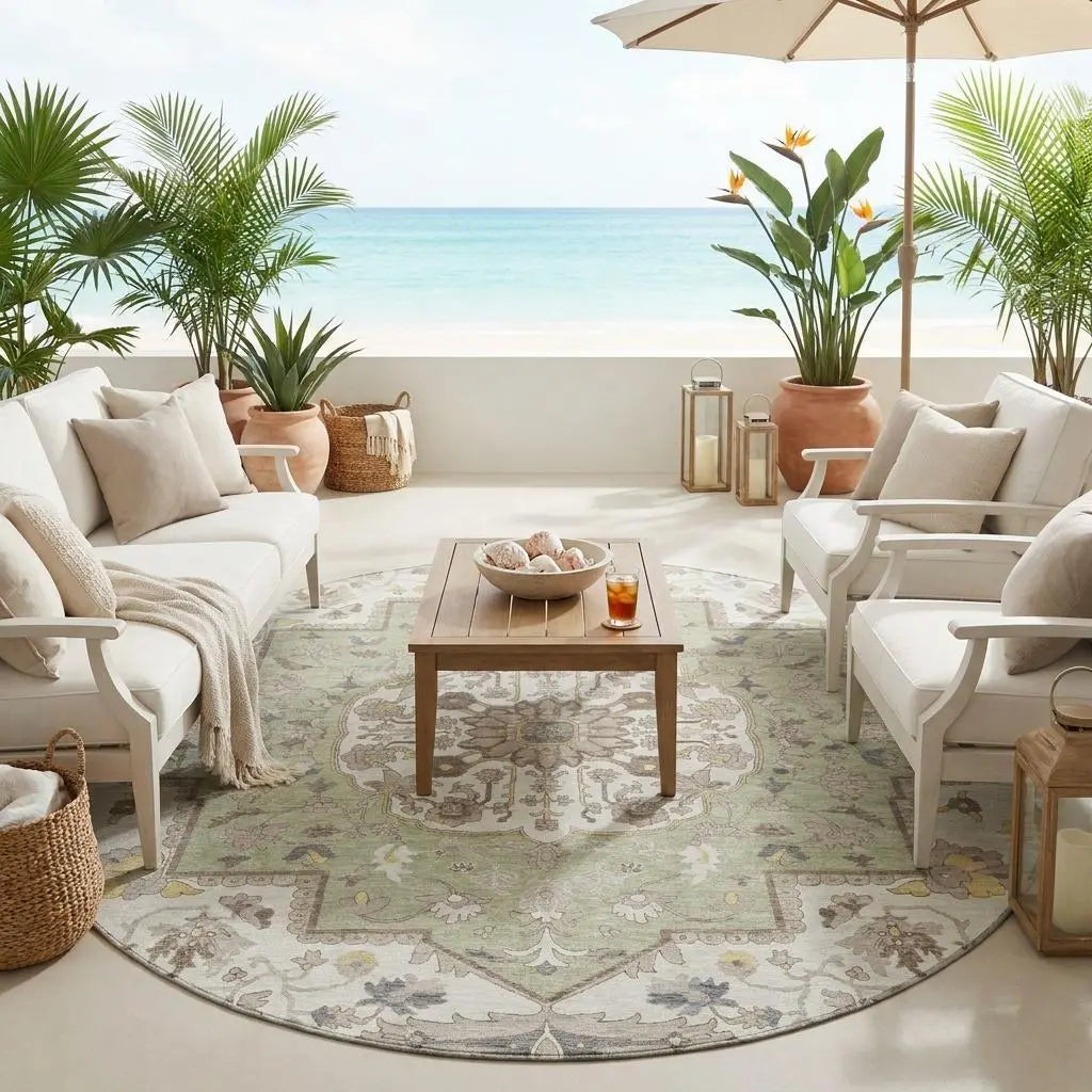 8' Green And Orange Round Oriental Washable Indoor Outdoor Area Rug Homeroots Outdoor