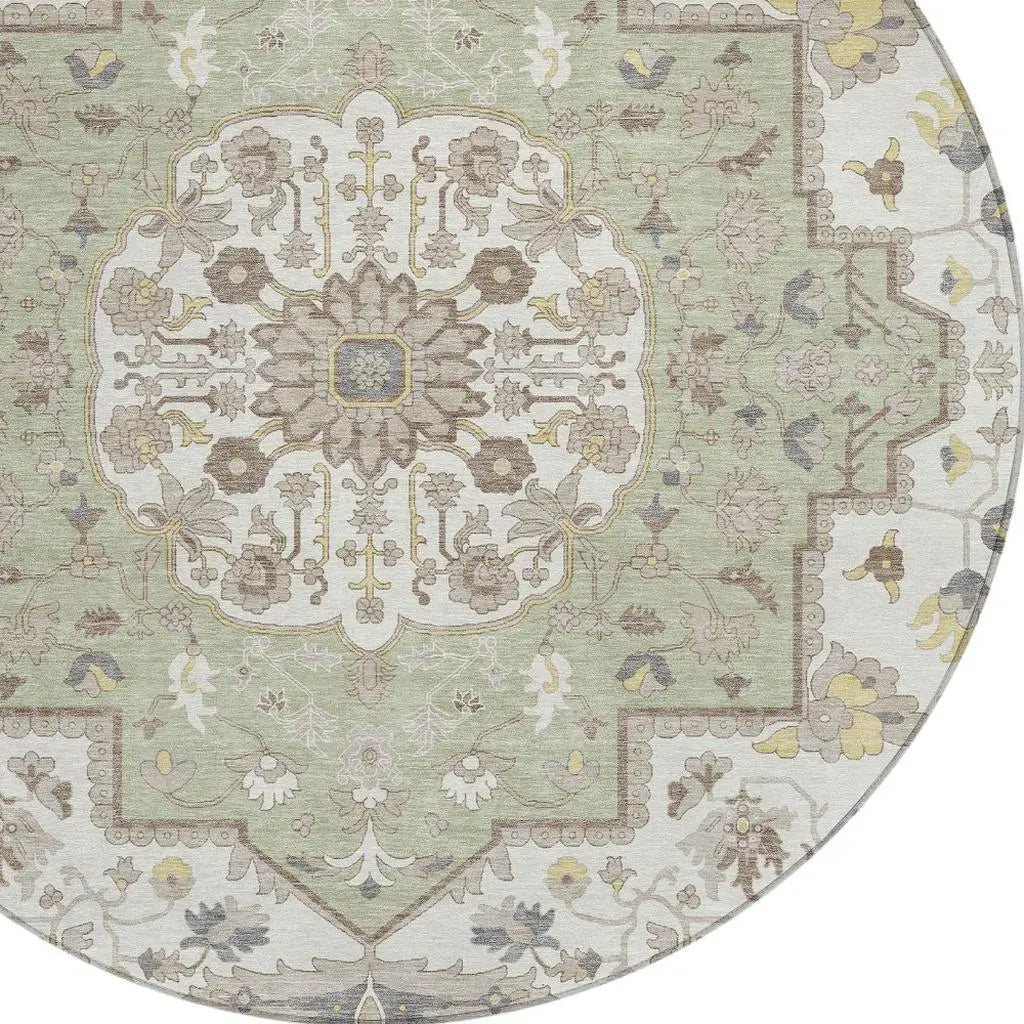 8' Green And Orange Round Oriental Washable Indoor Outdoor Area Rug Homeroots Outdoor