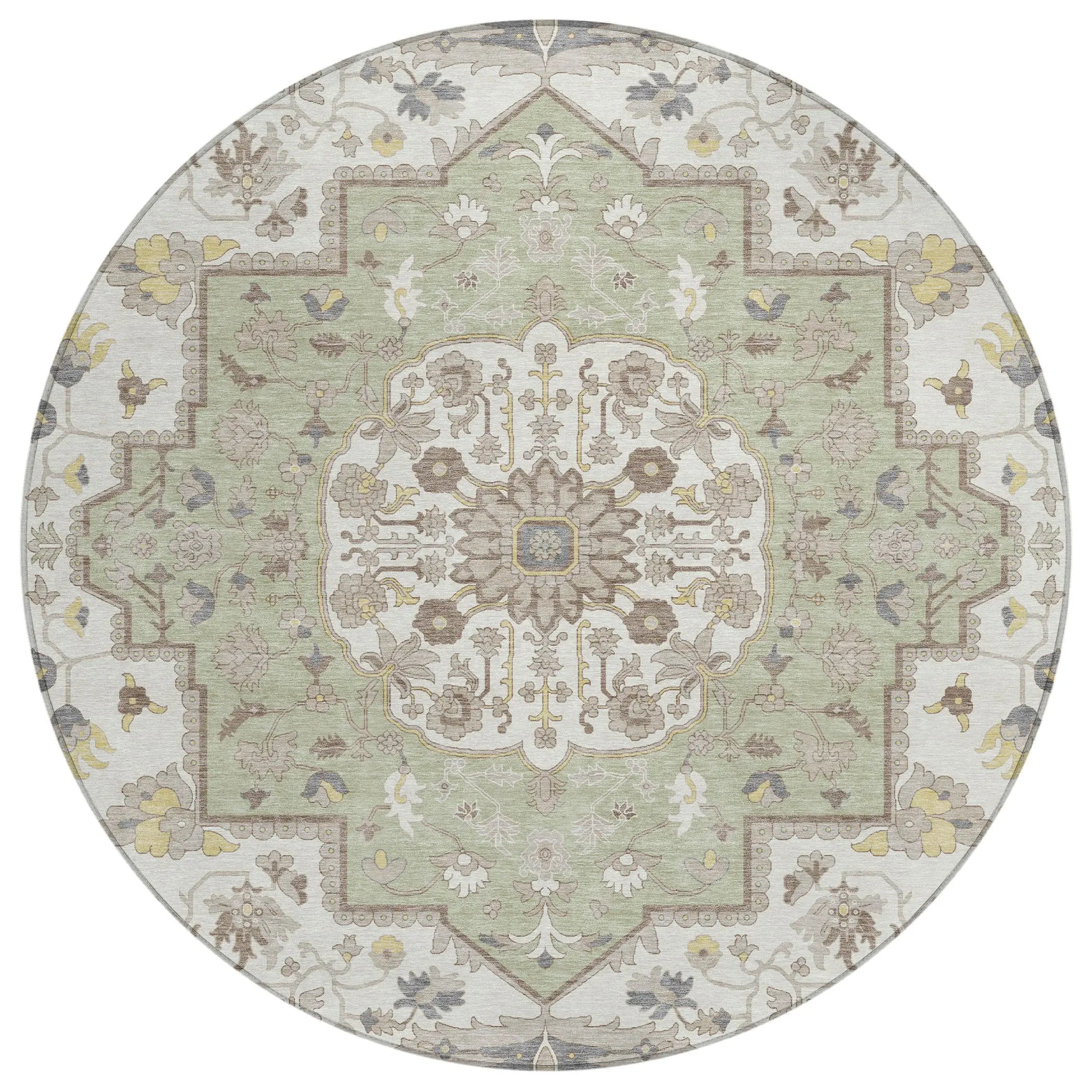 8' Green And Orange Round Oriental Washable Indoor Outdoor Area Rug Homeroots Outdoor