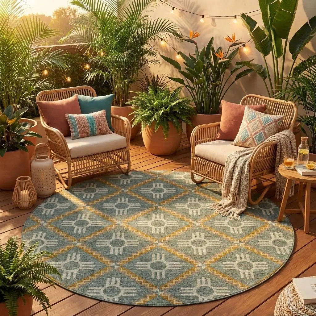 8' Green And Red Round Geometric Washable Indoor Outdoor Area Rug Homeroots Outdoor