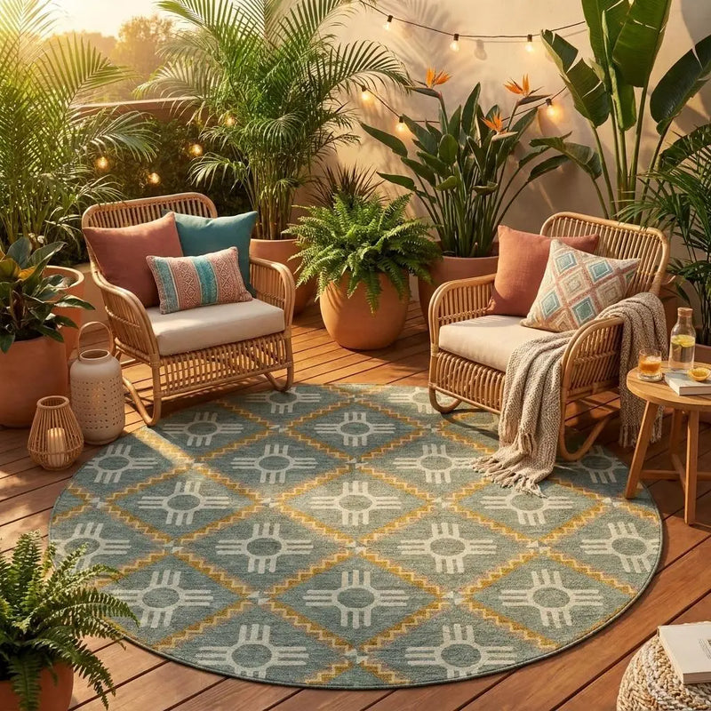 8' Green And Red Round Geometric Washable Indoor Outdoor Area Rug Homeroots Outdoor