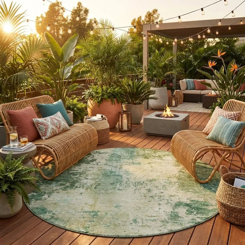 8' Green And Sage Round Abstract Washable Indoor Outdoor Area Rug Homeroots Outdoor