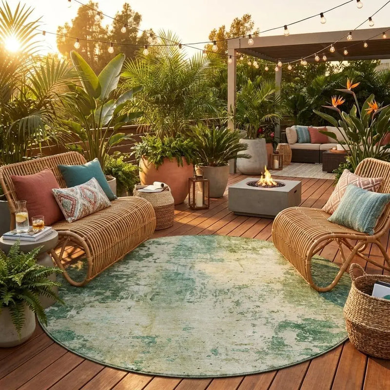 8' Green And Sage Round Abstract Washable Indoor Outdoor Area Rug Homeroots Outdoor