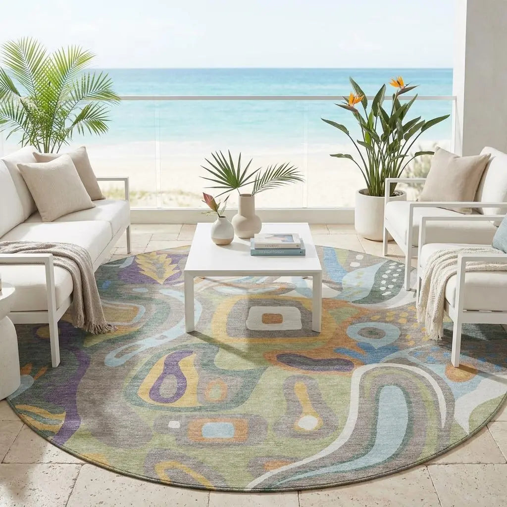 8' Green And Sage Round Abstract Washable Indoor Outdoor Area Rug Homeroots Outdoor