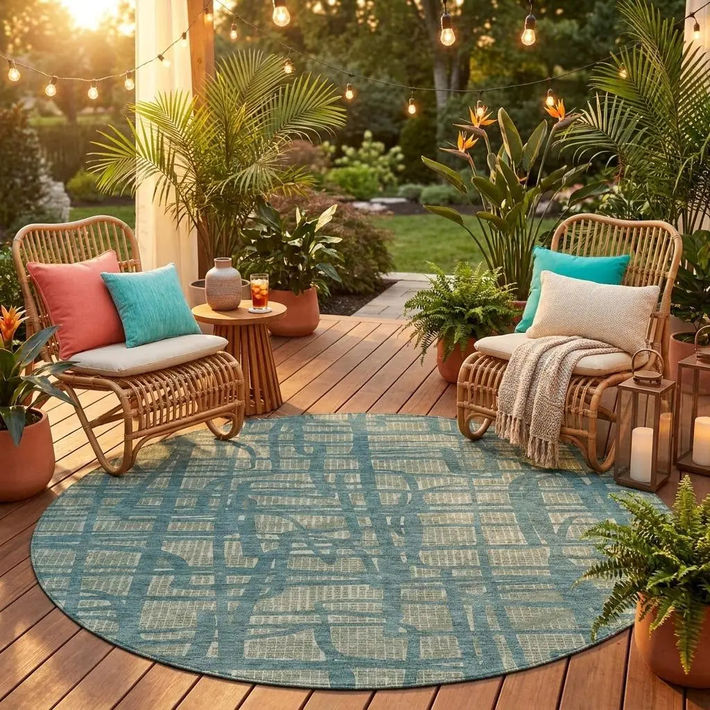 8' Green And Sage Round Abstract Washable Indoor Outdoor Area Rug Homeroots Outdoor