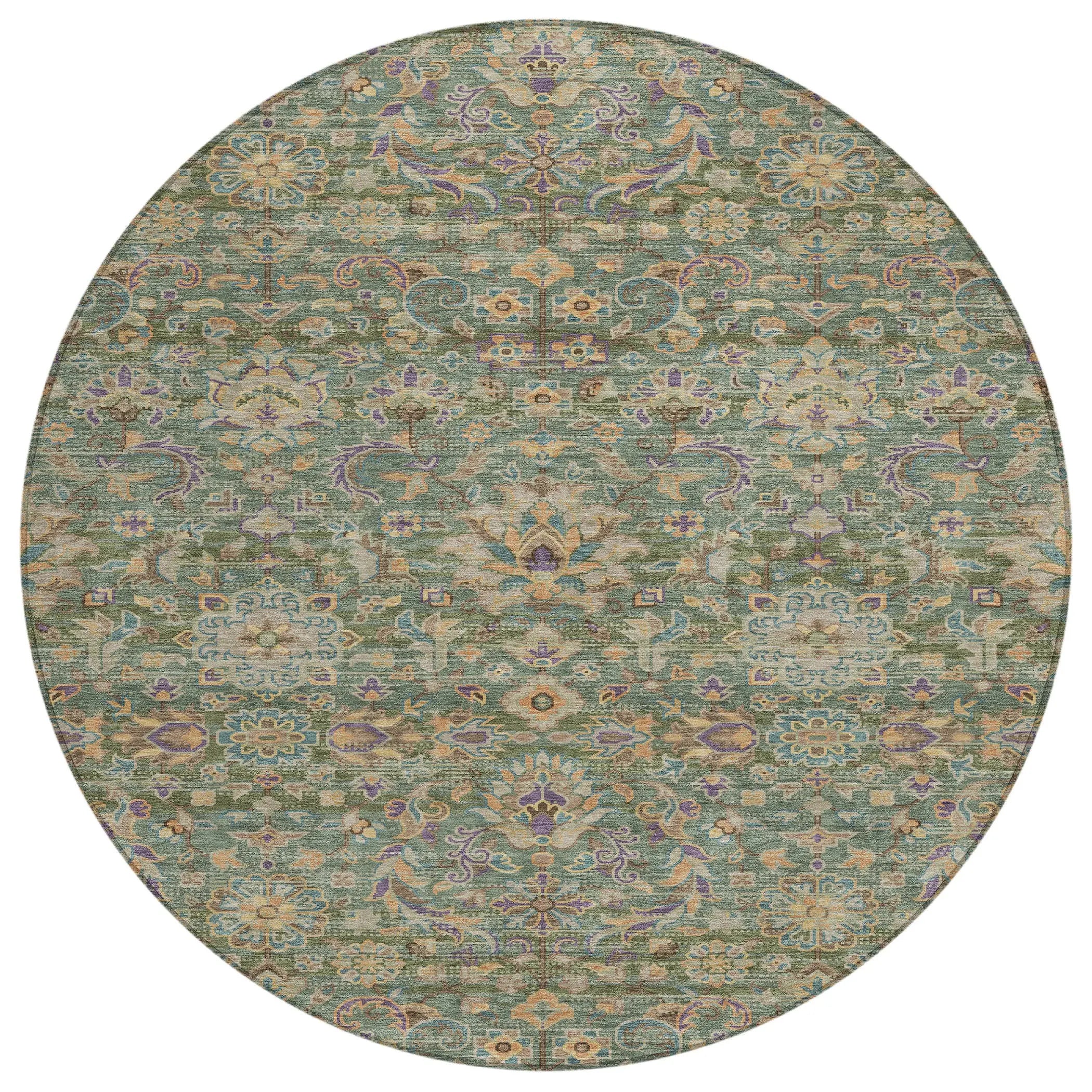 8' Green And Sage Round Floral Medallion Washable Indoor Outdoor Area Rug Homeroots Outdoor