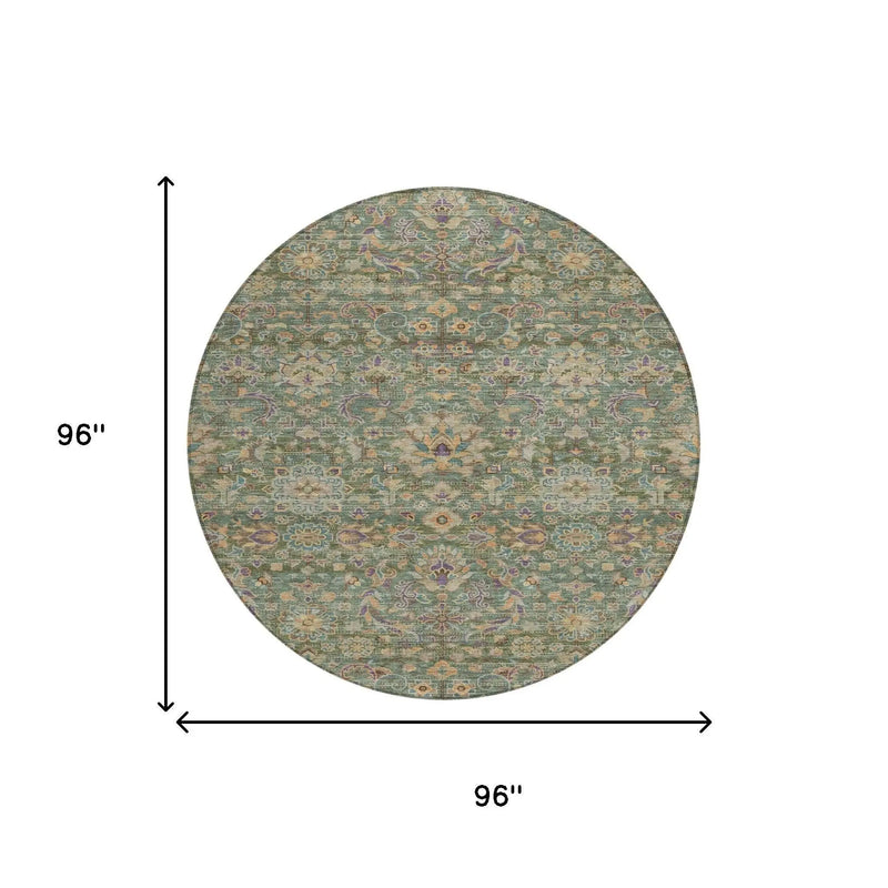 8' Green And Sage Round Floral Medallion Washable Indoor Outdoor Area Rug Homeroots Outdoor