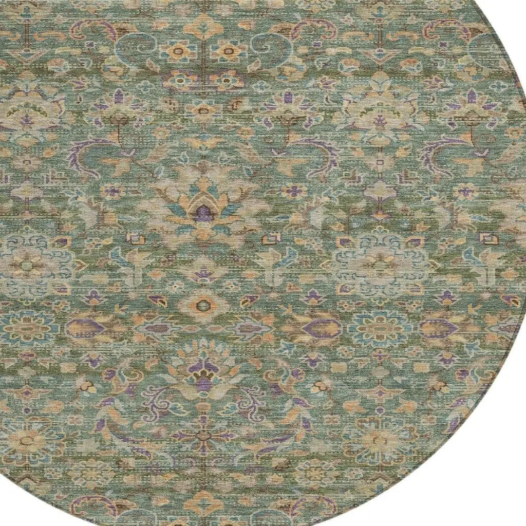 8' Green And Sage Round Floral Medallion Washable Indoor Outdoor Area Rug Homeroots Outdoor