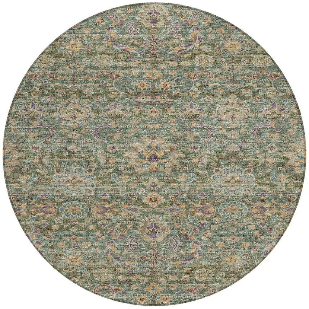 8' Green And Sage Round Floral Medallion Washable Indoor Outdoor Area Rug Homeroots Outdoor