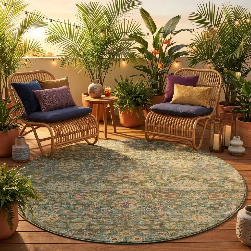 8' Green And Sage Round Floral Medallion Washable Indoor Outdoor Area Rug Homeroots Outdoor