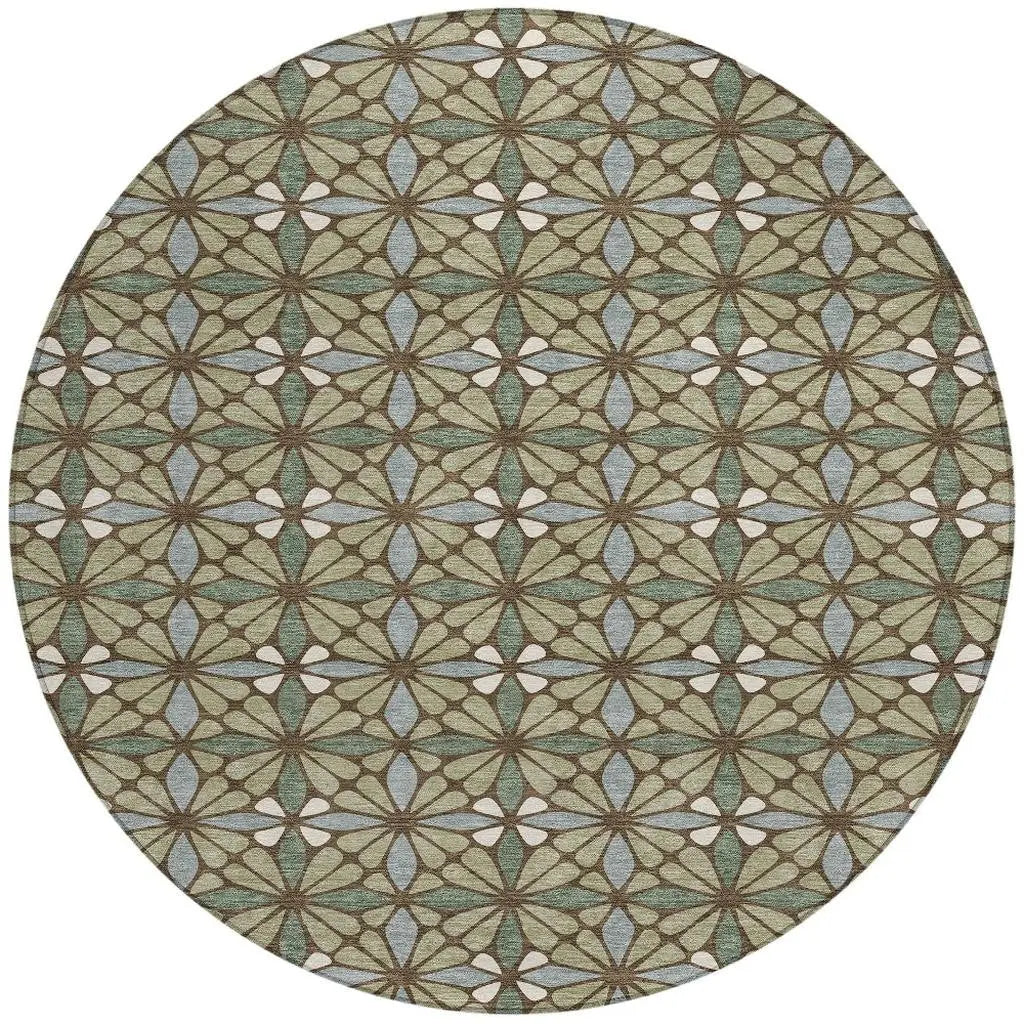 8' Green And Sage Round Geometric Washable Indoor Outdoor Area Rug Homeroots Outdoor
