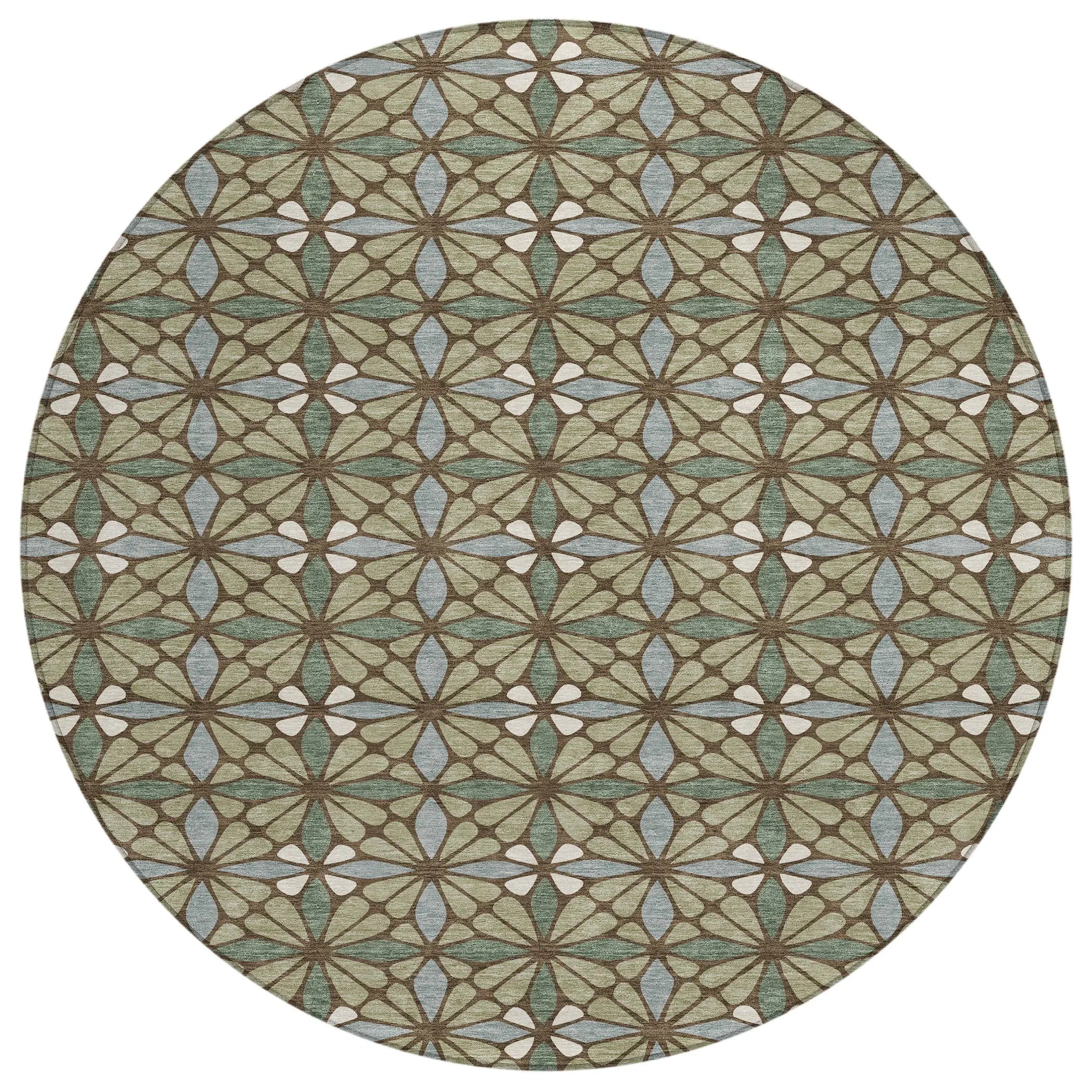 8' Green And Sage Round Geometric Washable Indoor Outdoor Area Rug Homeroots Outdoor