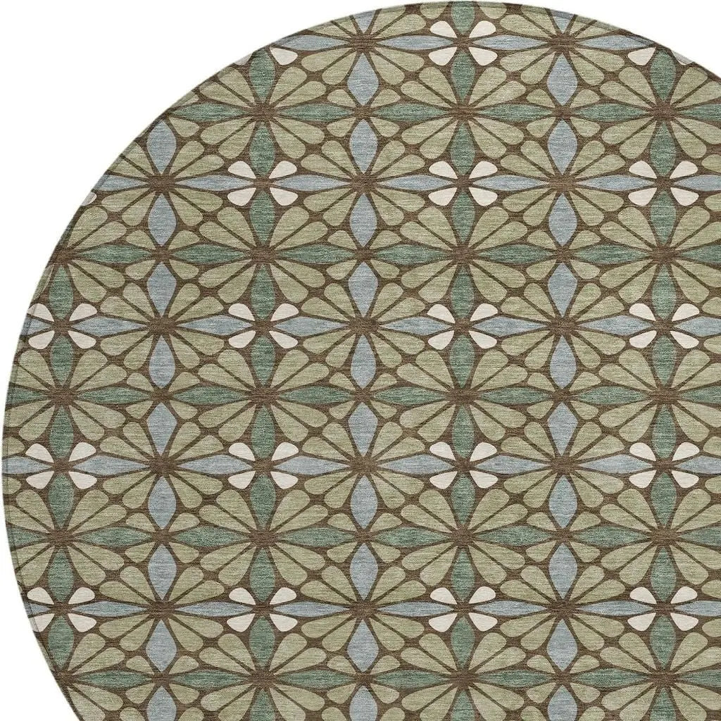 8' Green And Sage Round Geometric Washable Indoor Outdoor Area Rug Homeroots Outdoor