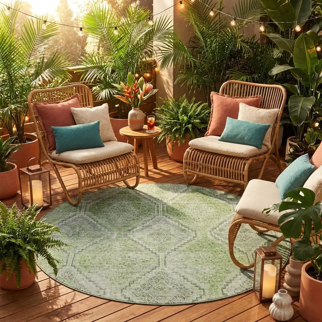8' Green And Sage Round Geometric Washable Indoor Outdoor Area Rug Homeroots Outdoor