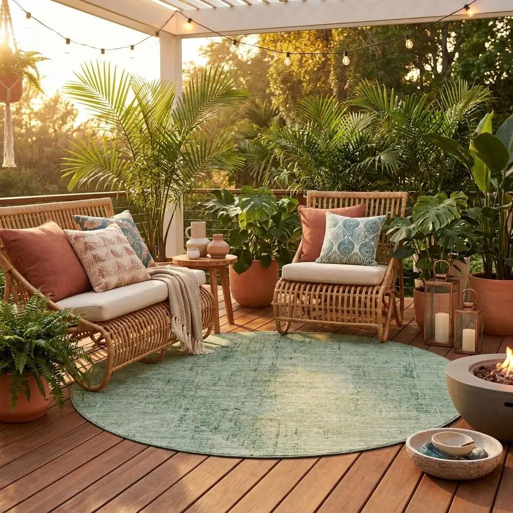 8' Green And Sage Round Oriental Washable Indoor Outdoor Area Rug Homeroots Outdoor