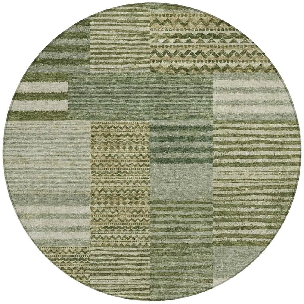 8' Green And Sage Round Striped Washable Indoor Outdoor Area Rug Homeroots Outdoor