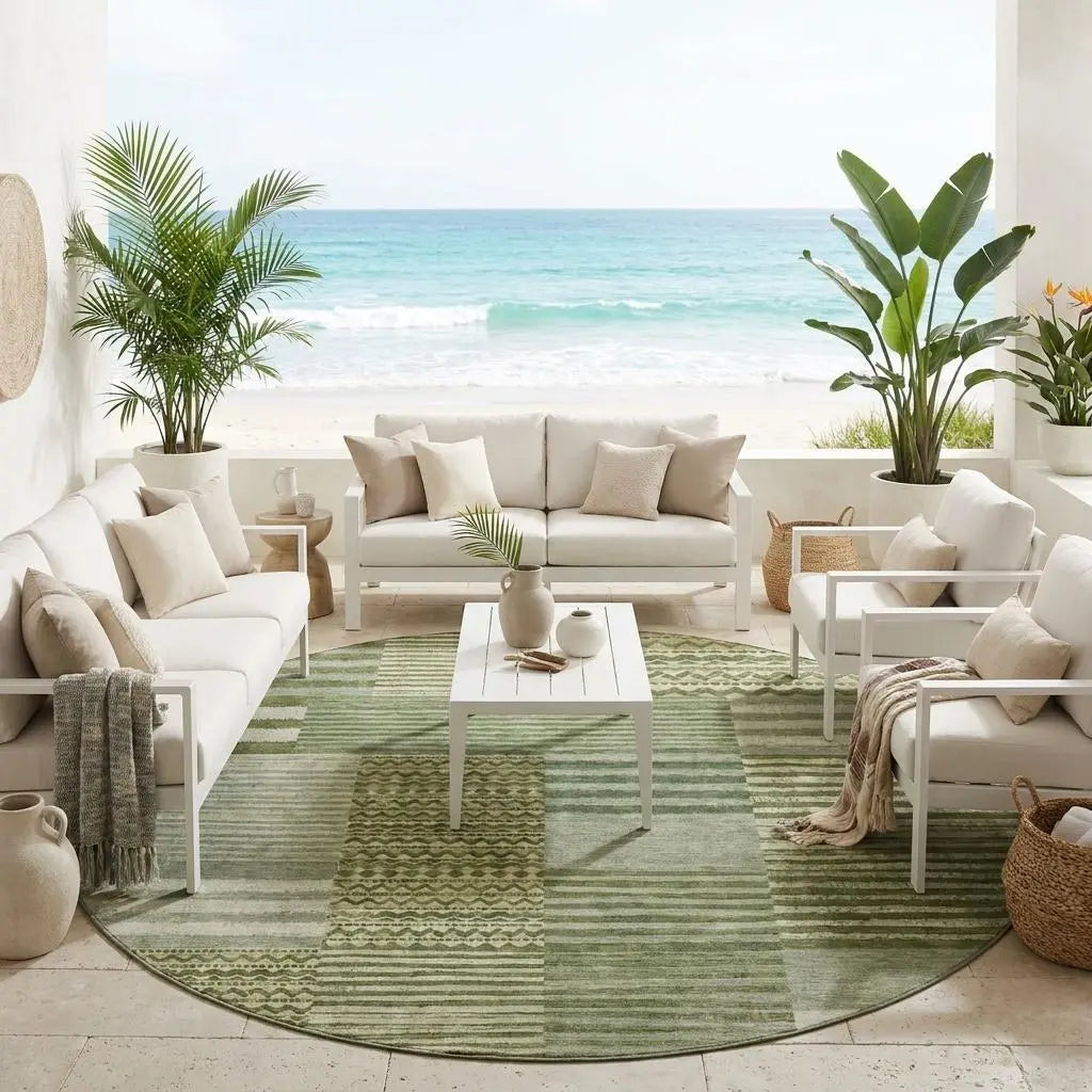 8' Green And Sage Round Striped Washable Indoor Outdoor Area Rug Homeroots Outdoor