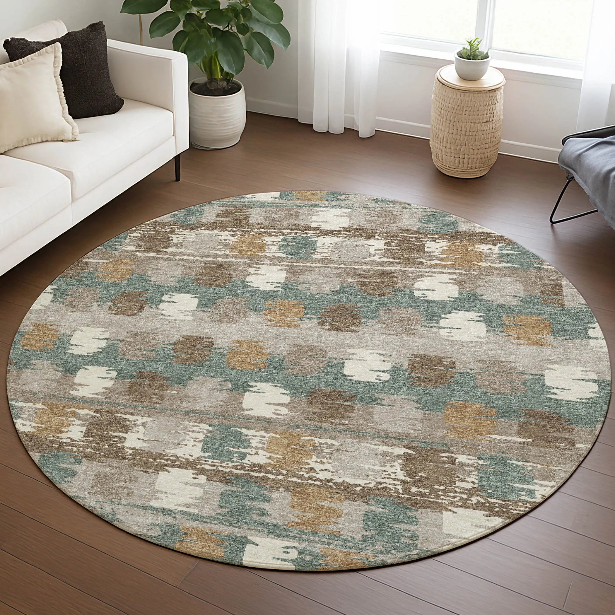8' Green And Silver Round Abstract Washable Indoor Outdoor Area Rug Homeroots Outdoor