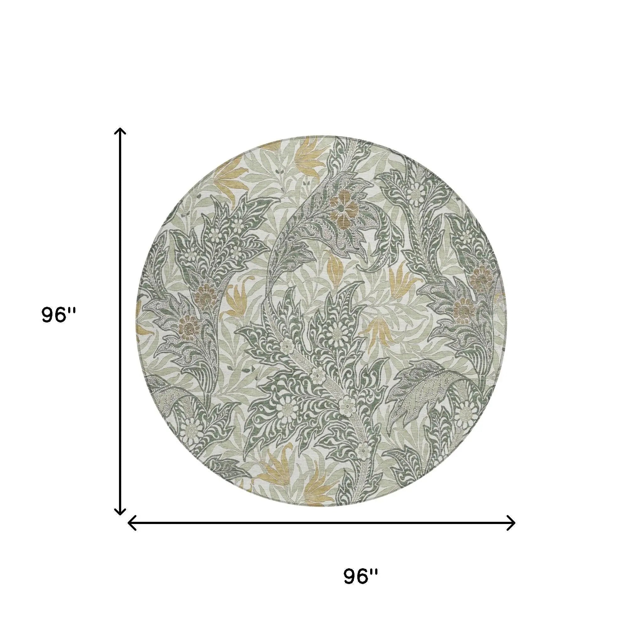 8' Green And Silver Round Botanical Leaves Washable Indoor Outdoor Area Rug Homeroots Outdoor