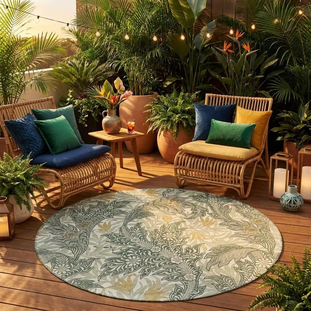8' Green And Silver Round Botanical Leaves Washable Indoor Outdoor Area Rug Homeroots Outdoor