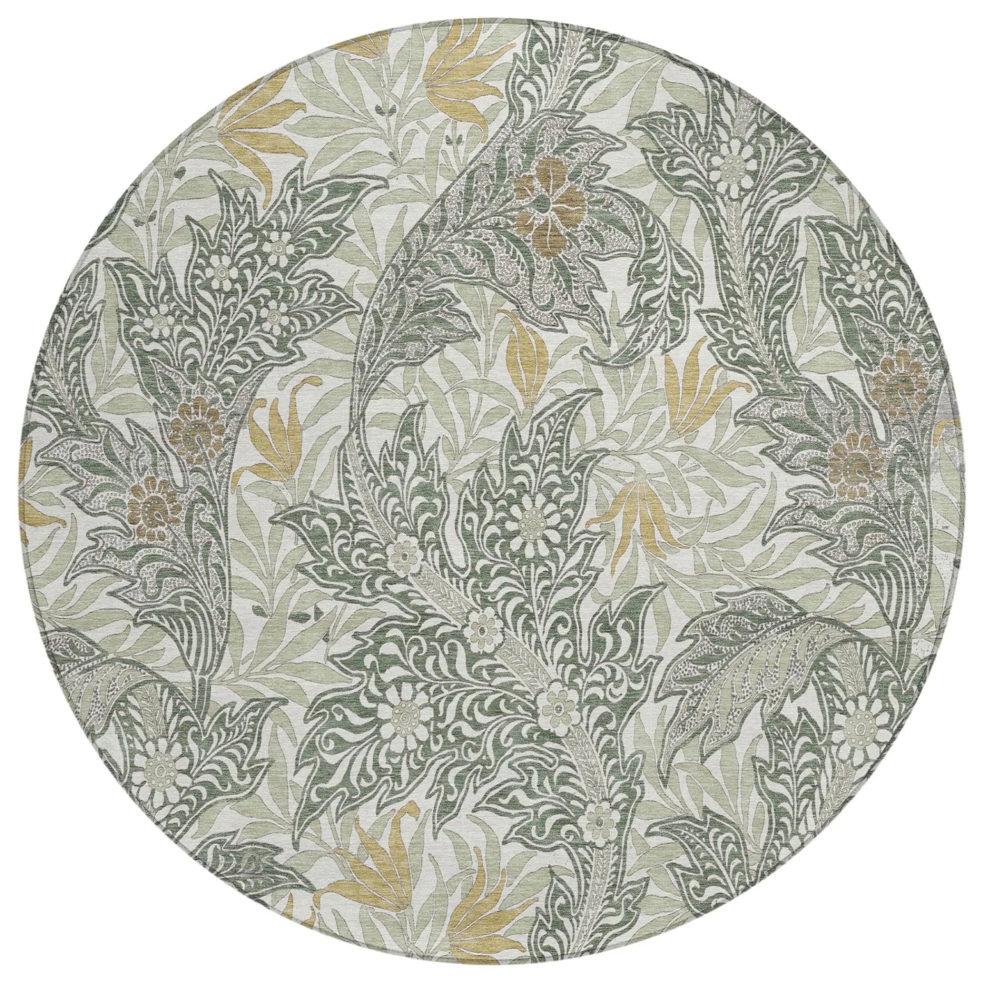 8' Green And Silver Round Botanical Leaves Washable Indoor Outdoor Area Rug Homeroots Outdoor