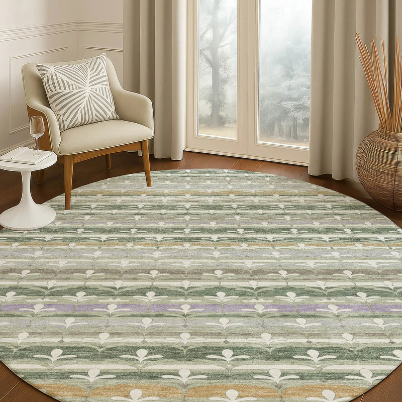 8' Green And Silver Round Damask Washable Indoor Outdoor Area Rug Homeroots Outdoor