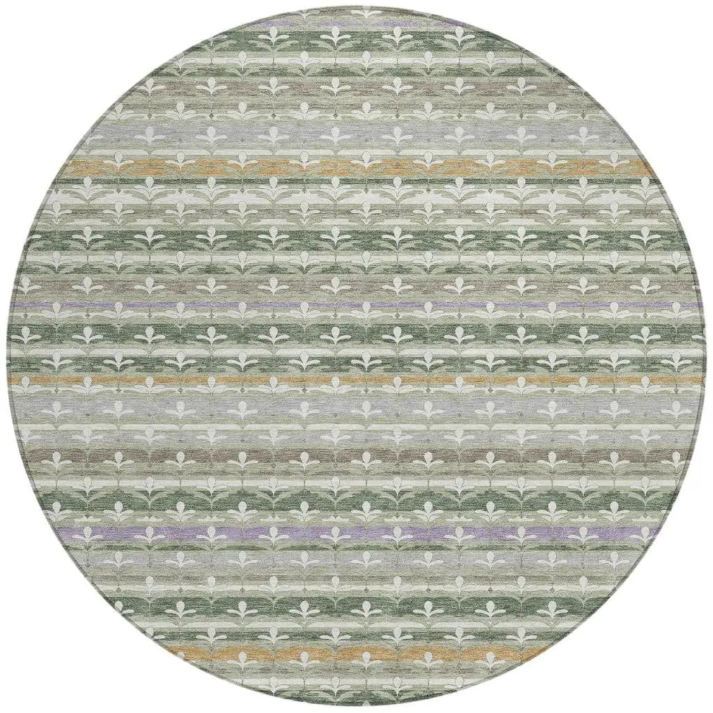 8' Green And Silver Round Damask Washable Indoor Outdoor Area Rug Homeroots Outdoor