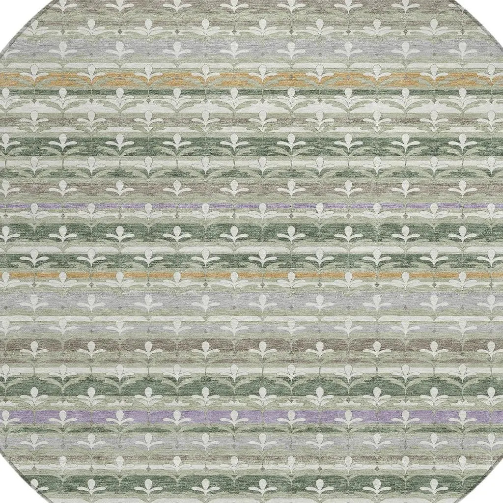 8' Green And Silver Round Damask Washable Indoor Outdoor Area Rug Homeroots Outdoor
