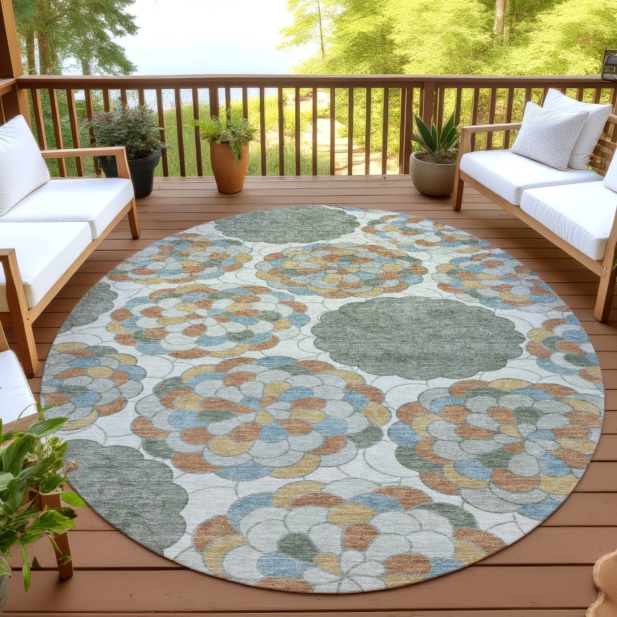 8' Green And Silver Round Floral Washable Indoor Outdoor Area Rug Homeroots Outdoor