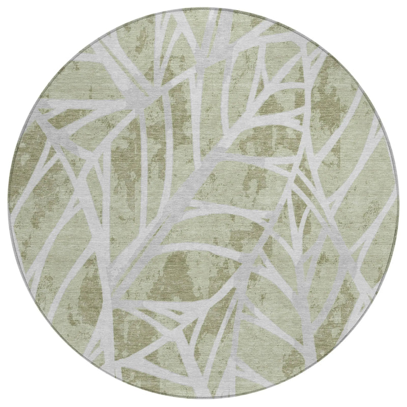 8' Green And Silver Round Floral Washable Indoor Outdoor Area Rug Homeroots Outdoor