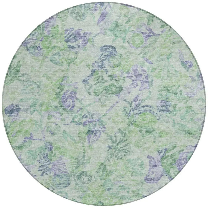 8' Green And Silver Round Floral Washable Indoor Outdoor Area Rug Homeroots Outdoor