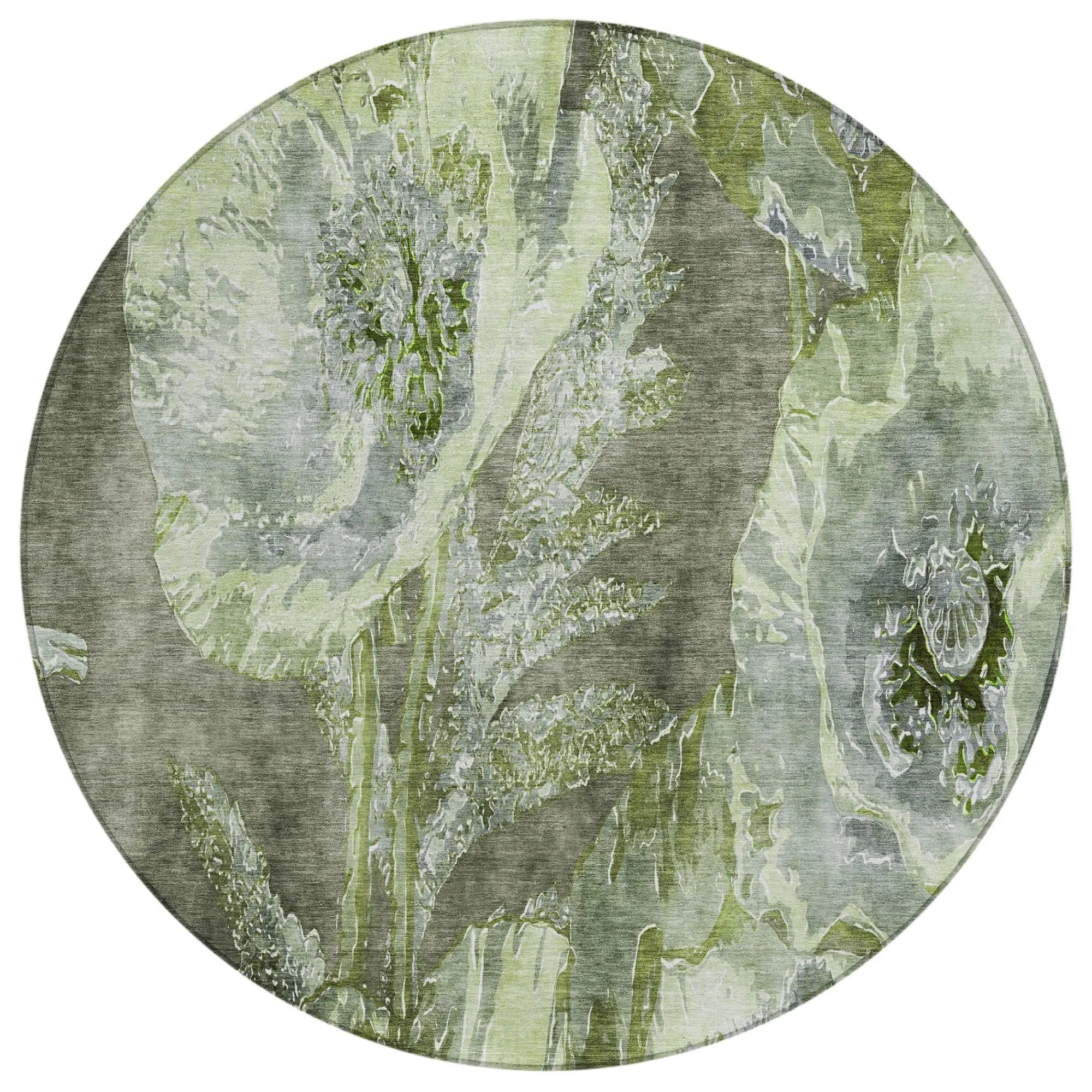 8' Green And Silver Round Floral Washable Indoor Outdoor Area Rug Homeroots Outdoor