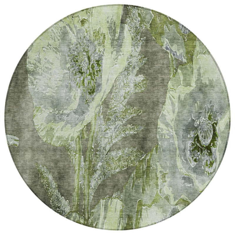 8' Green And Silver Round Floral Washable Indoor Outdoor Area Rug Homeroots Outdoor