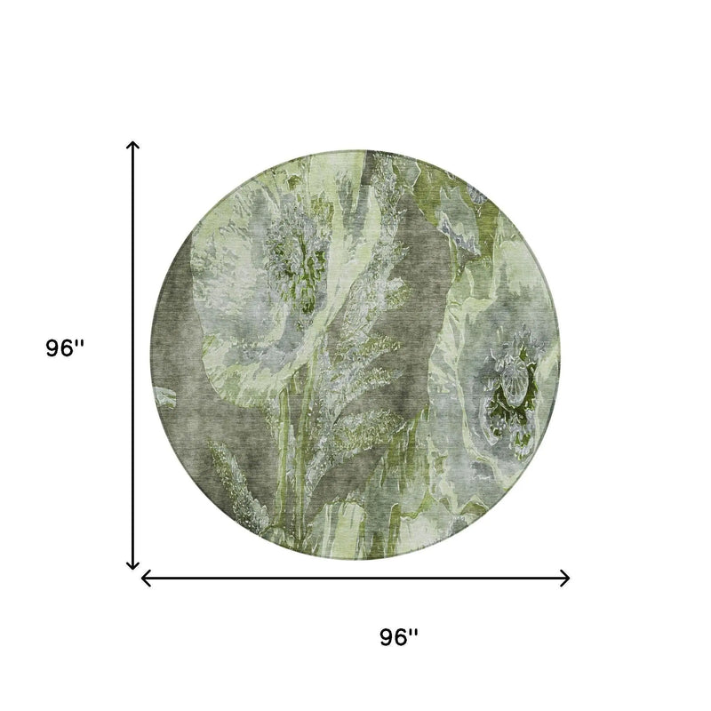 8' Green And Silver Round Floral Washable Indoor Outdoor Area Rug Homeroots Outdoor