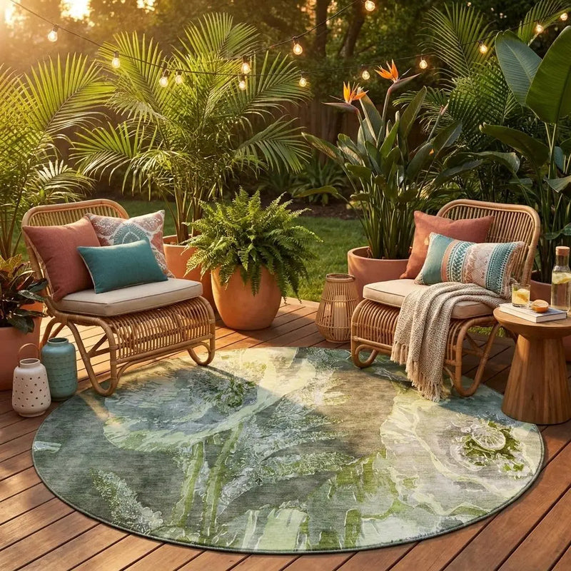 8' Green And Silver Round Floral Washable Indoor Outdoor Area Rug Homeroots Outdoor