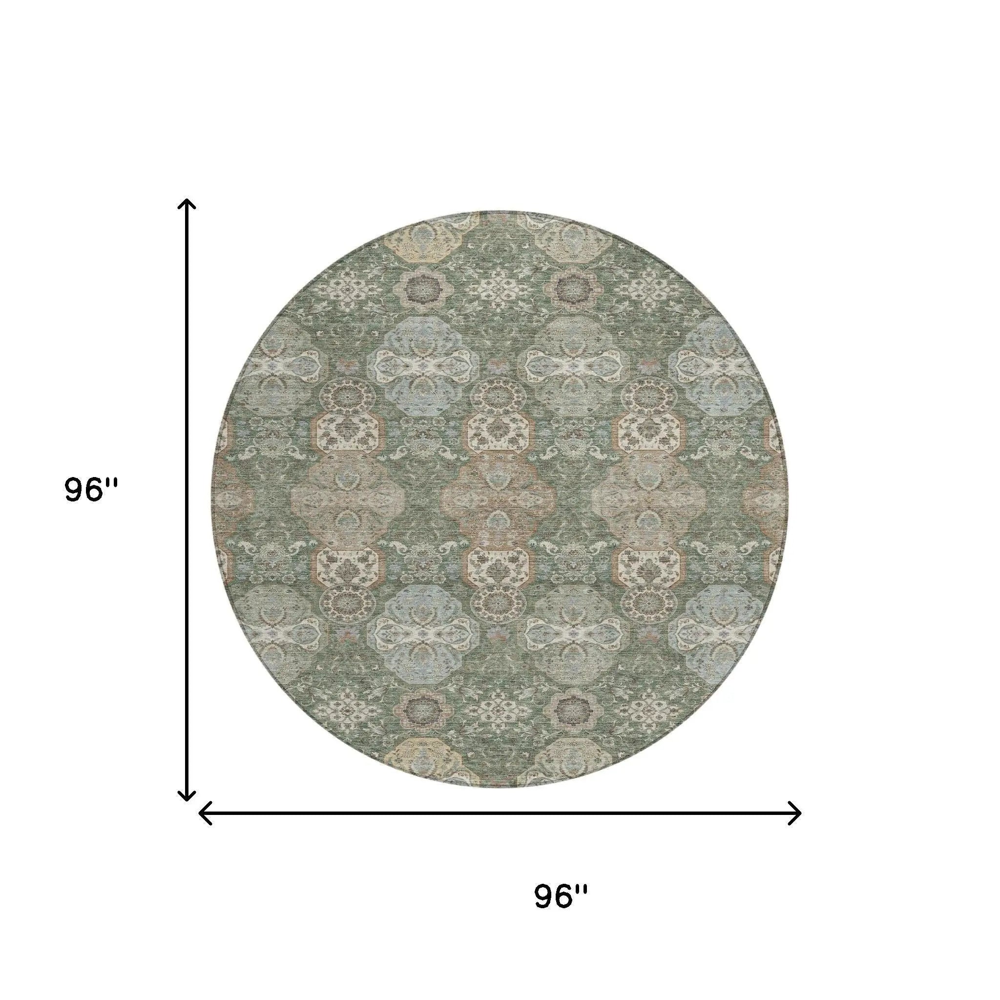8' Green And Silver Round Floral Washable Indoor Outdoor Area Rug Homeroots Outdoor