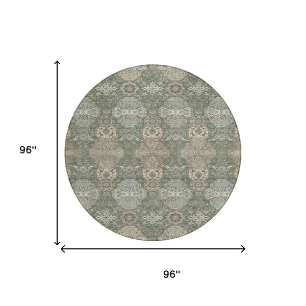 8' Green And Silver Round Floral Washable Indoor Outdoor Area Rug Homeroots Outdoor