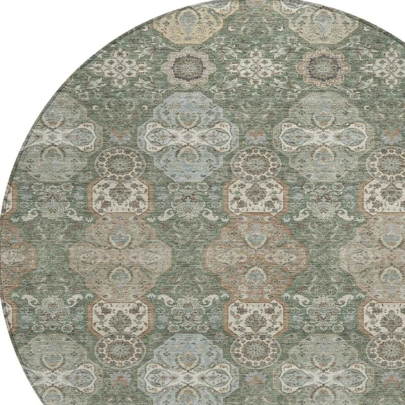8' Green And Silver Round Floral Washable Indoor Outdoor Area Rug Homeroots Outdoor